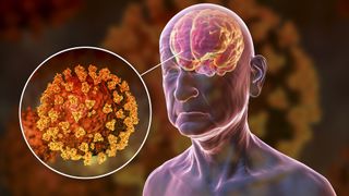 illustration of brain with inset image of coronavirus